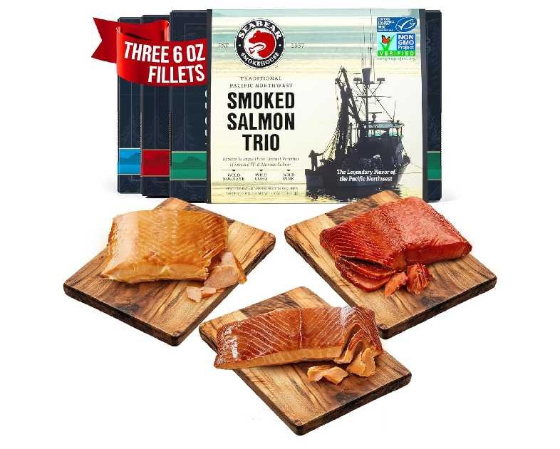 SeaBear Smoked Salmon Trip 18oz (3 x 6oz) Fillets Gift Box – Wild Alaska Sockeye, Wild Pink & Wild Coho Fillets, Shelf Stable, Ready to Eat, 18 Ounce (3 x 6 Ounce) Filets