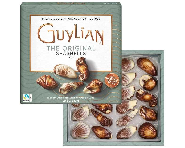 Belgian Chocolate Seashells, 8.82 oz, 22 pc Gourmet Hazelnut Praliné Truffles by GuyLian, Assorted White & Milk Chocolate Candy Gift Box for Women and Men