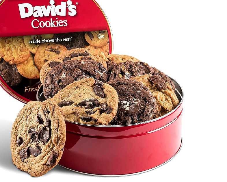 David's Cookies Assorted Fresh Baked Decadent Cookie Gift Tin – 2lb Basket with 8 Jumbo Cookies – Soft and Chewy Bakery-Style Dessert for Birthdays, Holidays, Thank You and Special Occasions