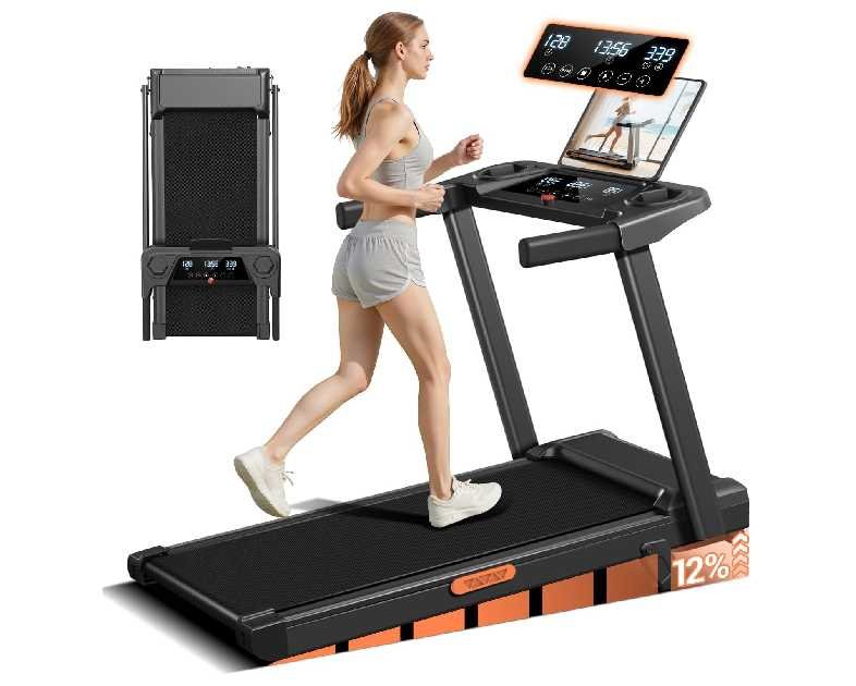 12% Incline Treadmill with Handle, 3-in-1 Portable Treadmills for Home and Office, Foldable Treadmills with 300 Lbs Weight Capacity, 3.0HP Quiet Walking Pad Treadmill, Three Touch Screen