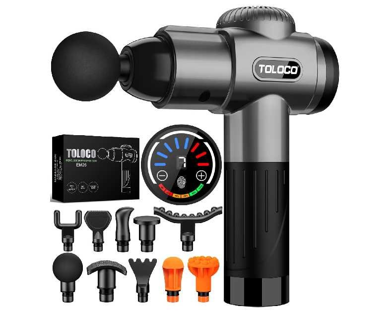 TOLOCO Massage Gun, Deep Tissue Back Massager for Athletes with 10 Massage Heads, Electric Muscle Percussion Massager for Any Pain Relief, FSA and HSA Eligible, Gifts for Fathers Day, Grey