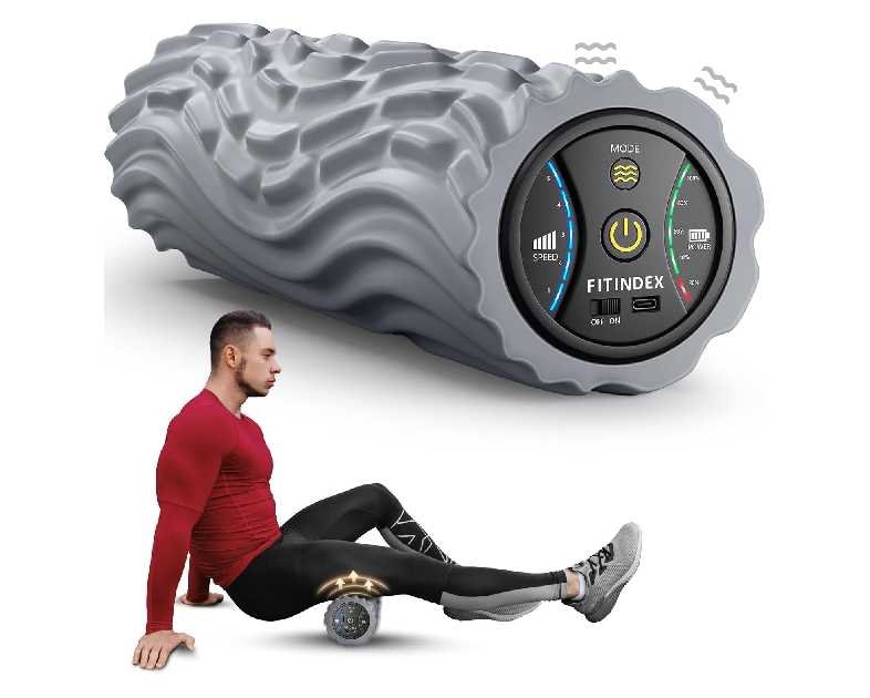 FITINDEX Vibrating Foam Roller for Back Pain, 5-Speed Muscle Massage, FSA HSA Eligible, Exercise, Muscles Deep Tissue, Physical Therapy, Pilates, Yoga, Neck, Leg, Rechargeable, Travel Portable Gray