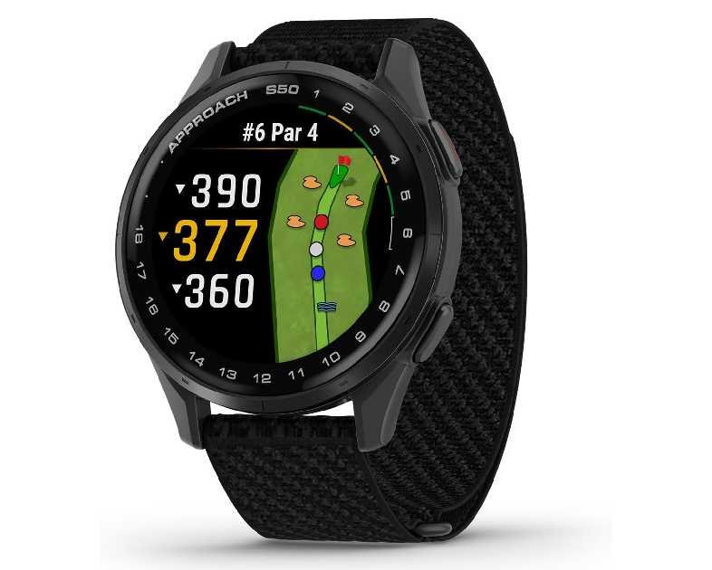 Garmin Approach® S50, Advanced Golf GPS Smartwatch, AMOLED Display, On-Course Features, Wrist-Based Heart Rate, Slate Aluminum Bezel with Black ComfortFit Nylon Band