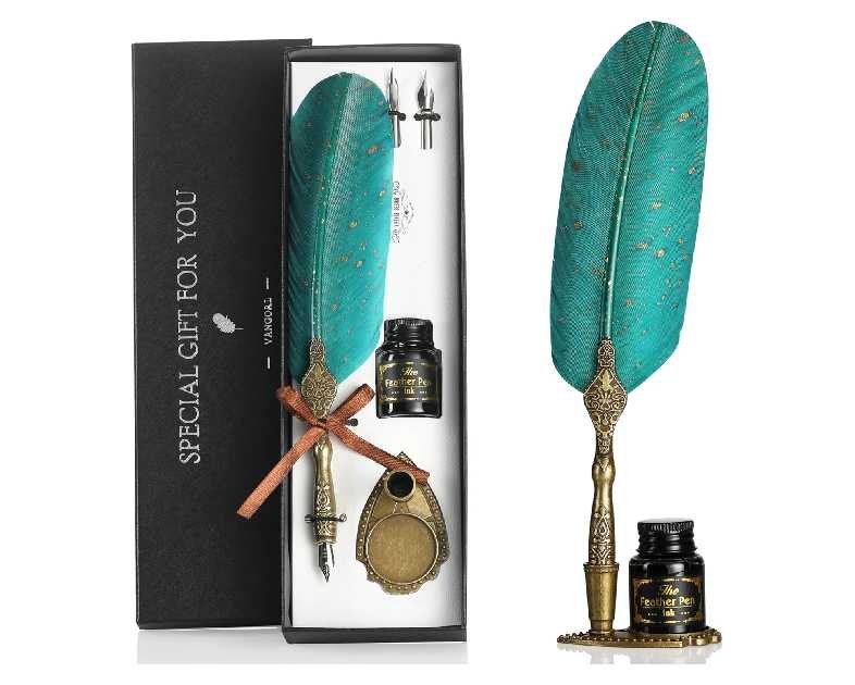 VANGOAL Vintage Green Feather Pen and Ink Set, Classic Series Goose Quill Pen with Carving Pen Stand, Calligraphy Pen Nibs, Black Dip Pen Ink, Antique Writing Gift for Writer
