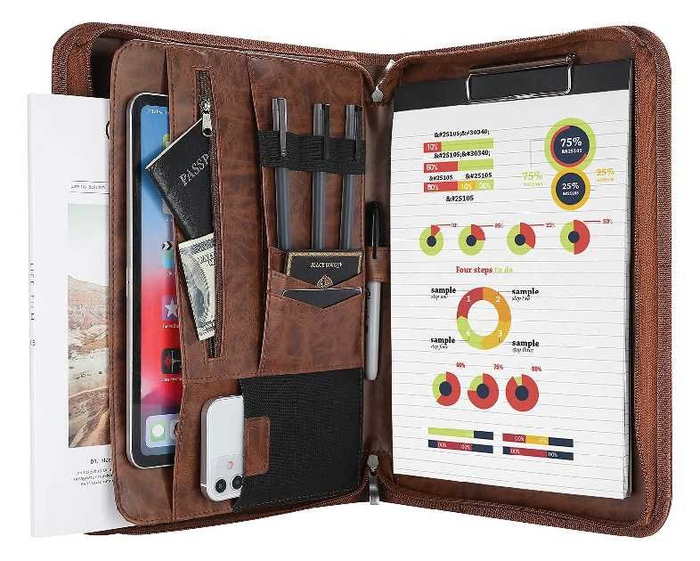 ProCase Portfolio Business Padfolio Folder with Zipper, Conference Meeting Executive File Legal Document Organizer with Pockets Letter Size A4 Writing Pad Notepad Padfolio -Brown