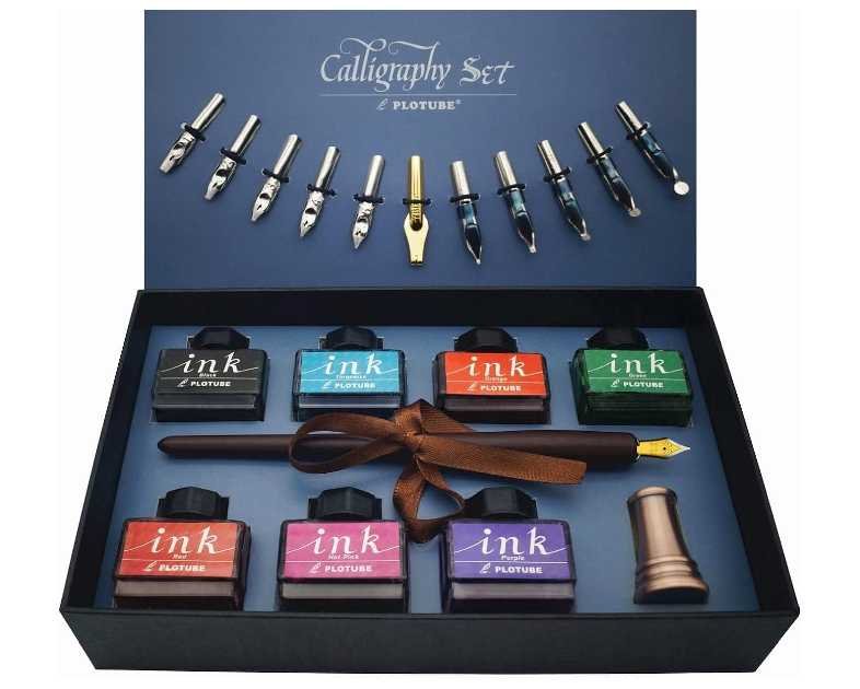 Calligraphy Pen Set – Includes Wooden Dip Pen, Antique Brass Holder, 11 Nibs, 7 Colors Ink Bottles and Beginner's Manual