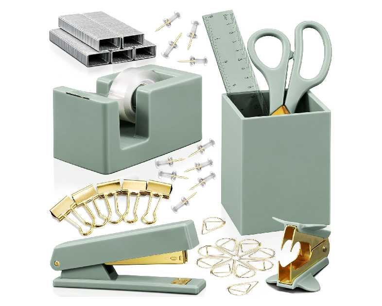 Aesthetic Desk Accessories Set - A Complete Desktop Organizer Set For Women Enhances Any Office Decor - An Office Supplies Kit w Gold Finish incl. Pen Holder, Scissors, Stapler, Tape Dispenser & More