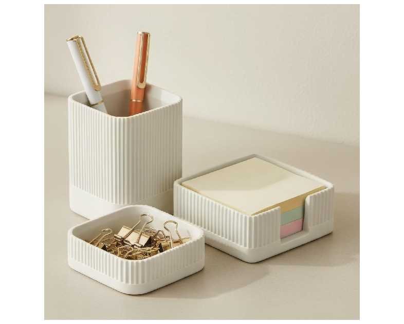 Aesthetic Desk Organizer Set of 3 For Your Office - Sturdy Concrete Desktop Accessories For Women or Men Enhance Any Office Decor - Set incl. Pen Holder, Paperclip Storage and Sticky Note Holder