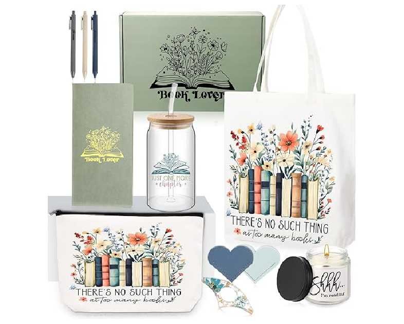 Marspark 12 Pcs Book Lovers Gift Set for Women Include Canvas Tote Glass Cup Makeup Pouch Floral Soy Candle Heart Bookmarks Page Holder Pens Sticky Notes Book Club Gift for Readers Librarians