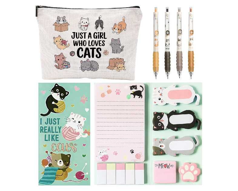 Cat Gifts for Women, Kawaii Cat Lover Stationery Set with Sticky Notes, Makeup Bag & 4 Gel Pens, Crazy Cat Lady Accessories for Office & School, Cute Christmas or Birthday Gifts for Cat Moms