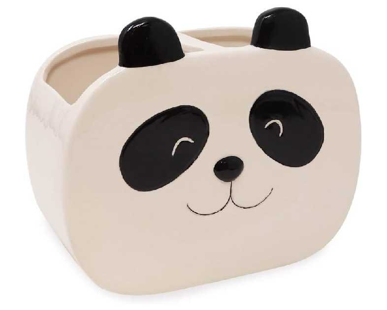 Isaac Jacobs Black and White Ceramic Panda Makeup Brush Holder, Multi-Purpose 2-Section Organizer. Bathroom, Kitchen, Bedroom, Office Décor (2-Section Cup, Panda)