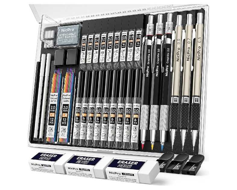 Nicpro 35PCS Art Mechanical Pencil Set, 3 PCS Metal Drafting Pencil 0.5 mm & 0.7 mm & 0.9 mm & 3 PCS 2mm Lead Holder (6B 4B 2B HB 2H 4H Colors) For Sketching Drawing With 20 Tube Lead Refills Case