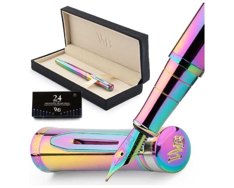 Wordsworth & Black Fountain Pen Set, 18K Gilded Medium Nib, Includes 24 Pack Ink Cartridges, Ink Refill Converter & Gift Box, Gold Finish, Calligraphy, [Rainbow], Perfect for Men & Women