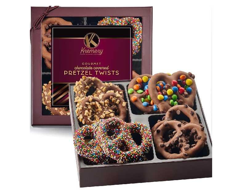 KREMERY Creamy Chocolate Cravings - Thanksgiving Chocolate Covered Pretzel Twists Gift Basket, in Brown Gift Box (12 Pretzels, Assorted Sweet Toppings) Holiday Xmas Christmas