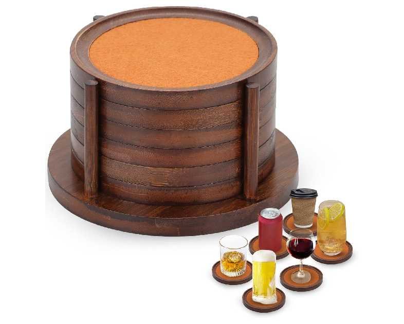 MinBoo Bamboo Coasters for Coffee Table Set of 6 Coasters for Drinks Absorbent with Holder Coffee Table Decor for Tabletop Protection Gifts for House Warming New Home & Wedding (Dark Brown 6Pcs)