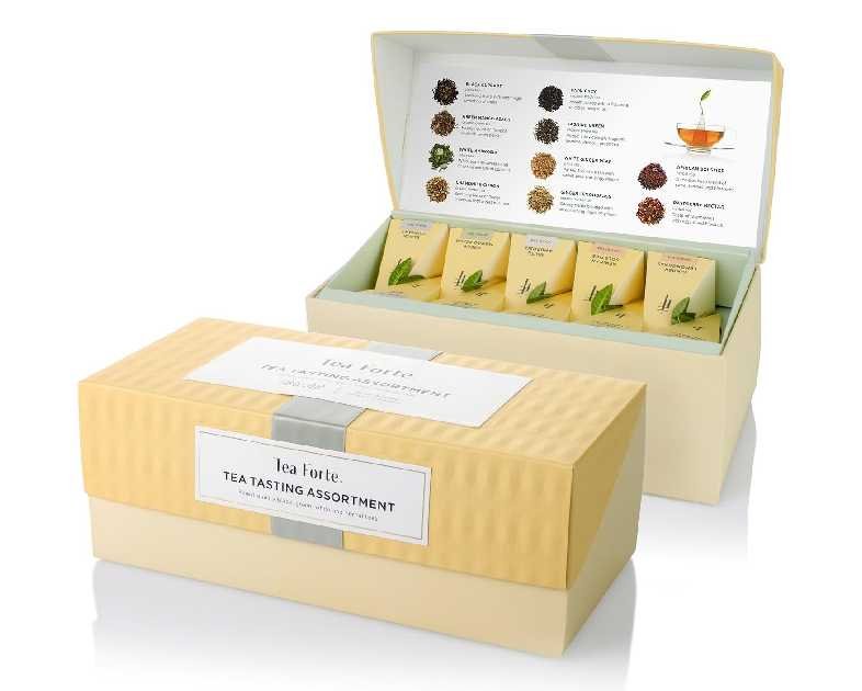 Tea Forte Tea Sampler Presentation Box, 20 Assorted Handcrafted Pyramid Tea Infuser Bags, Tea Tasting Assortment: Black, White, Green, Herbal