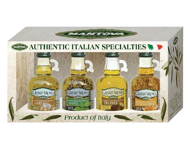 Mantova Grand’Aroma Flavored Extra Virgin Olive Oils, Variety Gift Set, made in Italy, cold-pressed, 100% natural, heart-healthy, for grilling, barbequing, smoking, and cooking, 8.5 oz