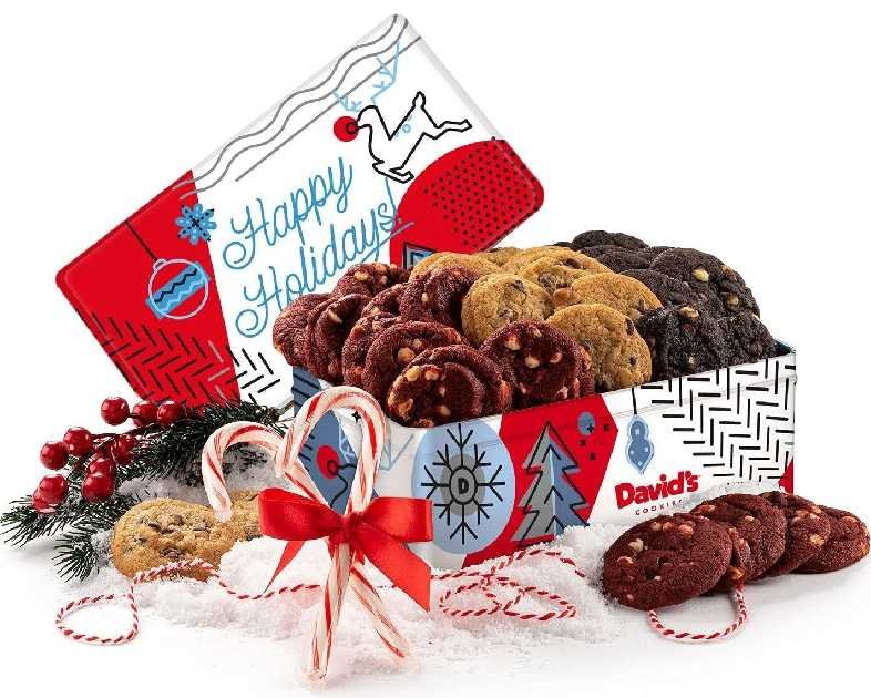David's Cookies Christmas Cookies Gift Box - Fresh Baked Assorted Mini Cookies in Winterwonderland Tin with Chocolate Chip, White Chocolate Chip & Red Velvet - Gourmet Holiday Food Gift Basket