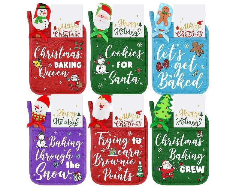Layhit 18 Pcs Pot Holders with Silicone Spatulas Funny Baking Theme Pot Holders Gift Resistant Oven Mitts Cooking Pocket Potholders(Santa)