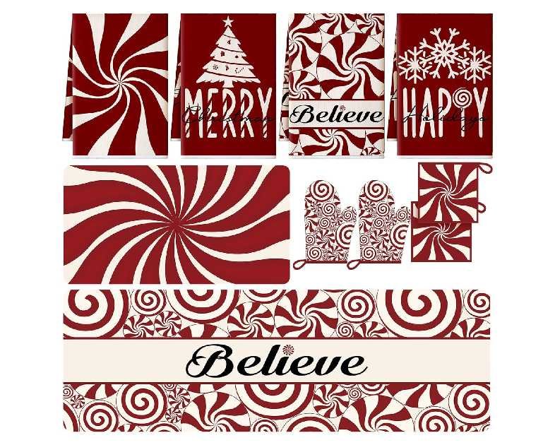 10 Pcs Christmas Kitchen Decor Set Kitchen Towels and Rugs Oven Mitts Pot Holders Absorbent Towels for Baking Cooking BBQ Gifts Home Decor(Red,Christmas Peppermint Candy)
