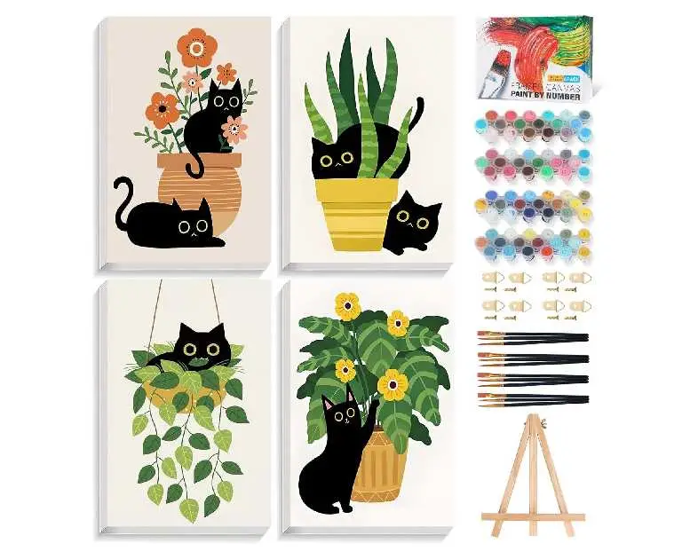 4 Pack Paint by Numbers Kit for Adults with Frame Cat, Framed Paint by Number for Adults Beginner with Wooden Easel, Green Plant DIY Painting by Numbers Canvas Framed for Home Decor 8 x 12 Inch