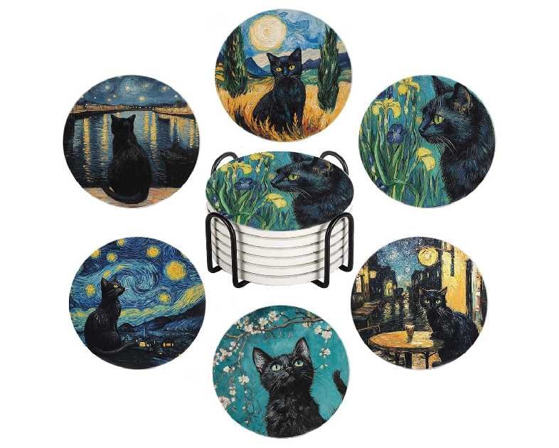Drink Coasters for Drinks Set of 6, Art and Black Cat Absorbent Round Ceramic Stone Mat Coaster, with Cork Base and Metal Holder, Home Bar Decor House Warming Gift