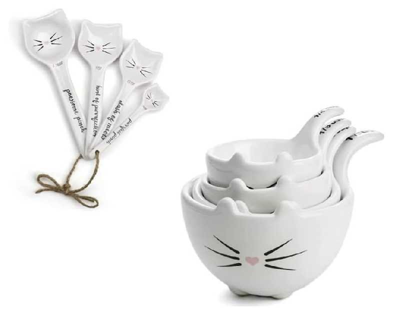 White Cat Measuring Cups & Spoons Gift Set – Ceramic Kitchen Tools for Cat Lovers & Bakers – 4 Measuring Cups and 4 Measuring Spoons – Unique Gift for Kitchen, Baking, and Cat Lovers