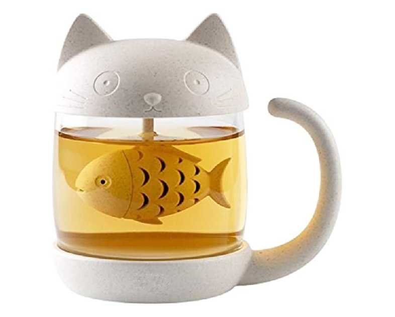 Cute Cat Glass Cup Tea Mug With Fish Tea Infuser Strainer Filter