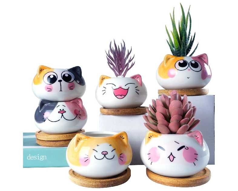 Succulent Pots with Drainage 3.6 Inch Mini Cat Pots for Plants Tiny Animal Planter Small Ceramic Air Plant Flower Pots Cactus Faux Planters Containers with Bamboo Tray