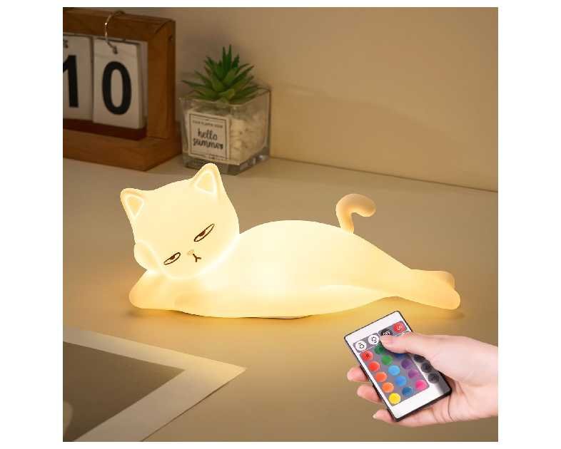 Lying Flat Cat Lamp Cat Gifts, 16 Colors+5 Dimming+Silicone Cute Lamp, Touch+Remote Control+Rechargeable Night Light for Kids, Fun & Cool Weird Stuff Random Stuff, White Elephant Gifts for Adults/Kids