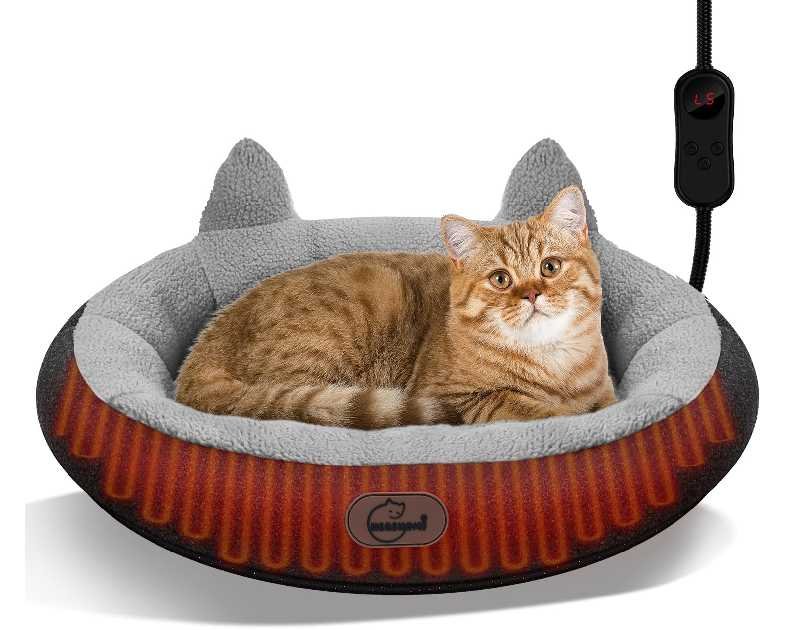 Heated Cat Bed for Small Size Cats, Heated Pet Bed with Timer & Temp Adjustable, Removable Waterproof Pet Heating Pad for Indoor, Gray Cozy Donut Electric Bed Heater Warmer for Kitten Cat