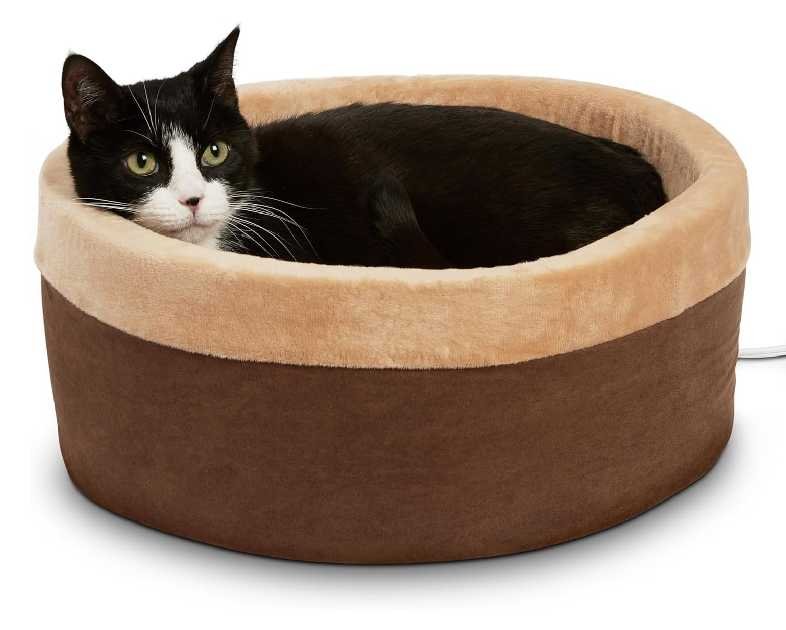 K&H Pet Products Thermo-Kitty Bed Heated Cat Beds for Indoor Cats & Dogs, Calming Warming Pillow Pet Bed, Machine Washable, Removable Heater, Safety Listed - Small 16" Round Mocha/Tan