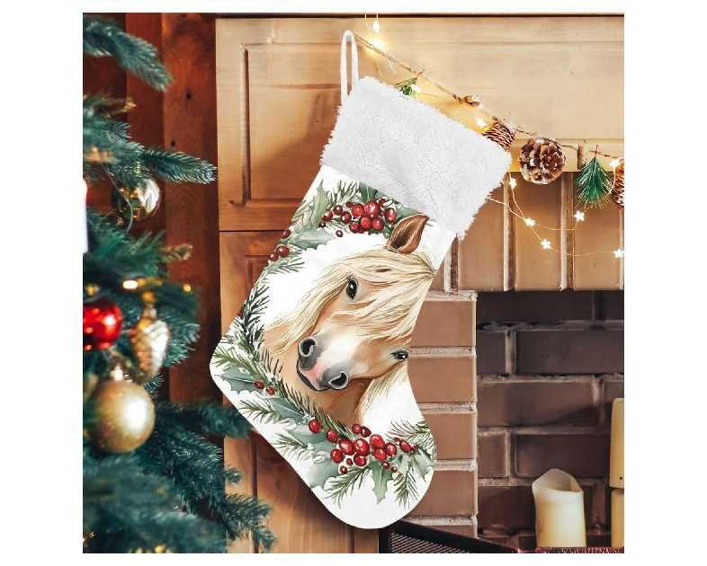 ALAZA Christmas Stockings Little Horse Christmas Wreath Classic Personalized Large Stocking Decorations for Family Holiday Season Party Decor 1 Pack,17.7"