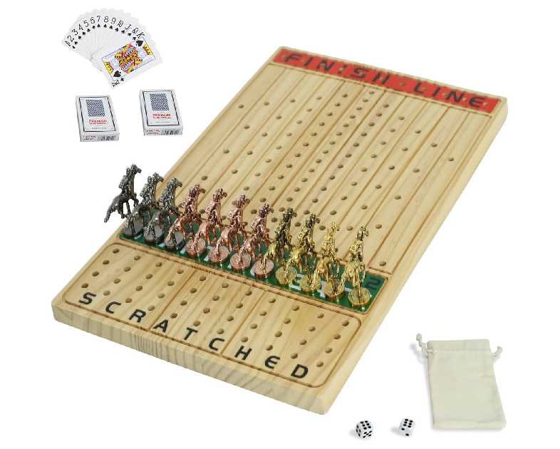 Horse Race Board Game Racing Game Thickened Solid Wood with 11 Luxurious Durable Classic Metal Horses with 2 Dice and 2 Boxes of Cards Horse Racing Game (Log Color, Rectangle)