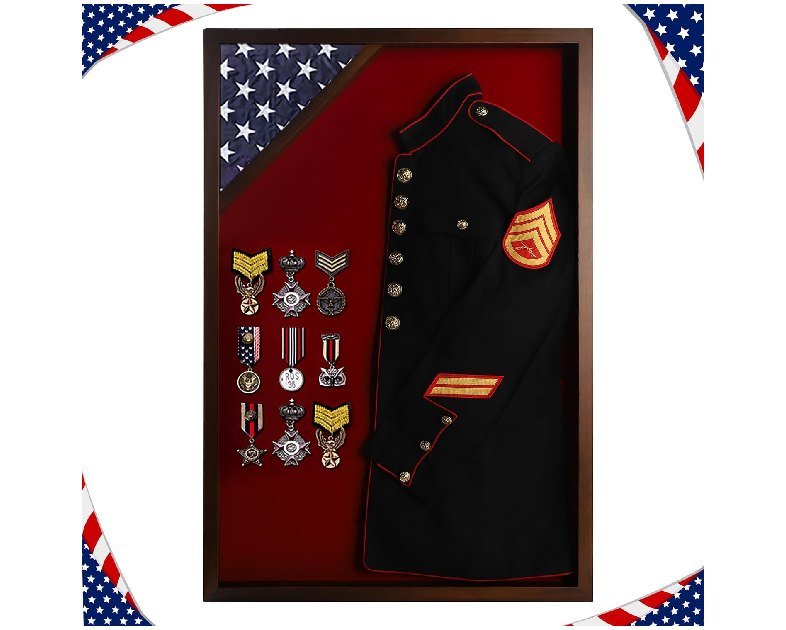 Flag Display Case Military Uniform Shadow Box Fits a Folded 3'x5' Army Navy Air Force Veterans Home Flown Flag with Police Uniform Jacket Display and Felt Lining for Badges and Medals, Walnut Finish