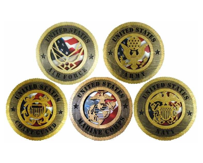 5 Branch Set Laser Cut Military 12" Wall Plaques with American Flag