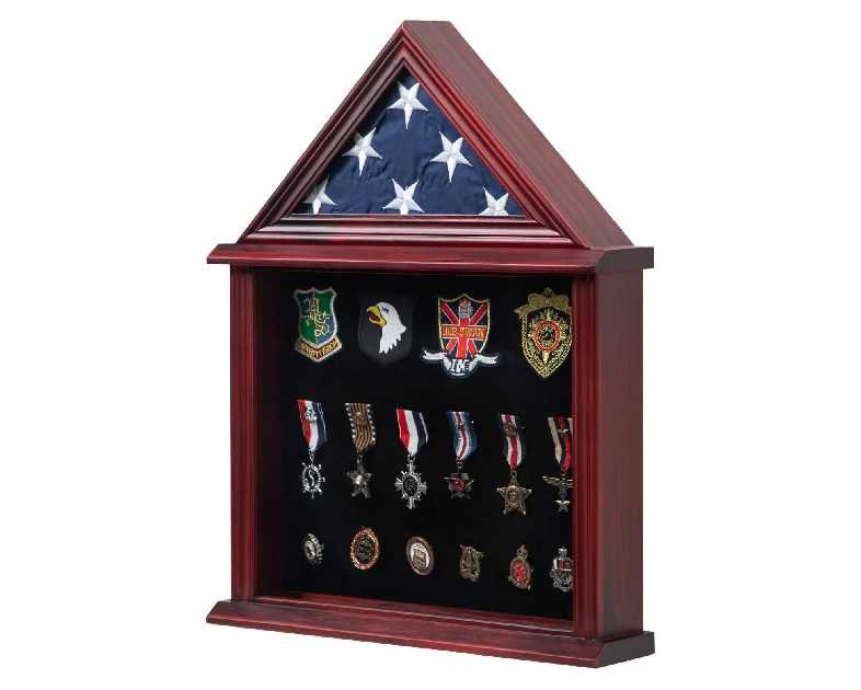 Solid Wood Flag Display Case Military Shadow Box Fit a Folded 3'x5' Flag for Army Navy Air Force Veteran Flag American Military Flag Display Case with Certificate Holder, Mahogany