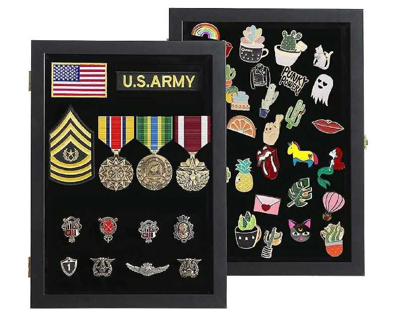 Verani Pin Display Case - 11x14 Pin Collection Display with 98% Uv Protection Acrylic Door for Military Medals, Beach Tags, Jewelry Pins, Pin Gift, Insignia Ribbons, Pin Enthusiast Collectibles, Black