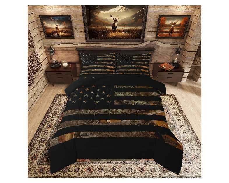 American Flag Camo Comforter Set Queen,Military Hunting Bedding Set Rustic Trees Leaves Camouflage Comforter for Boys Teens Kids Man Bedroom Nature Conifer Oak Branches Bedding Quilt Set 3 Pcs