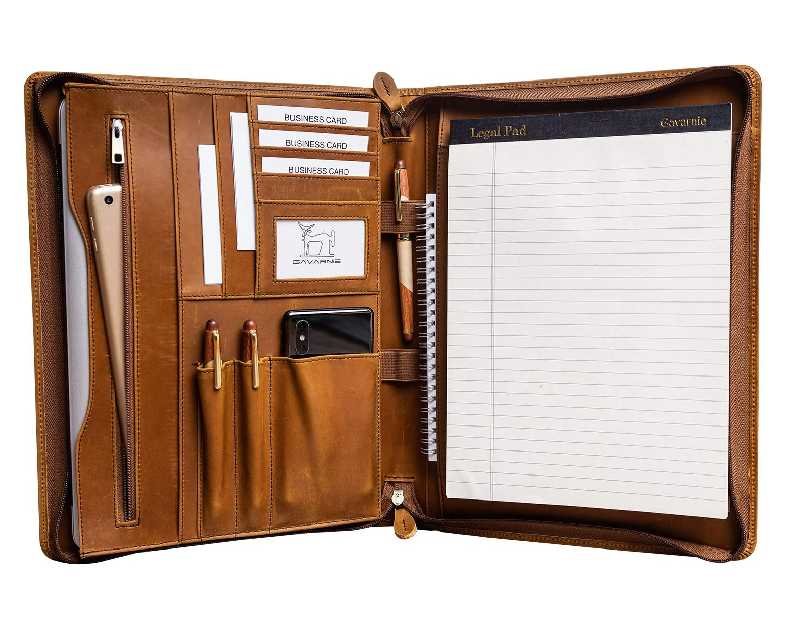 Genuine Leather Professioal Business Portfolio Padfolio Folder with Zipper for Men and Women,Work Portfolio with Notepad for Meeting and Travel, Brown