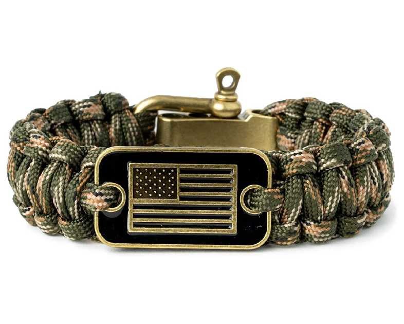 Hero Company Camo Paracord Bracelet - Tactical Survival Bracelet for Men with Bronze USA Flag - Helps Pair Military Veterans with a Companion Dog