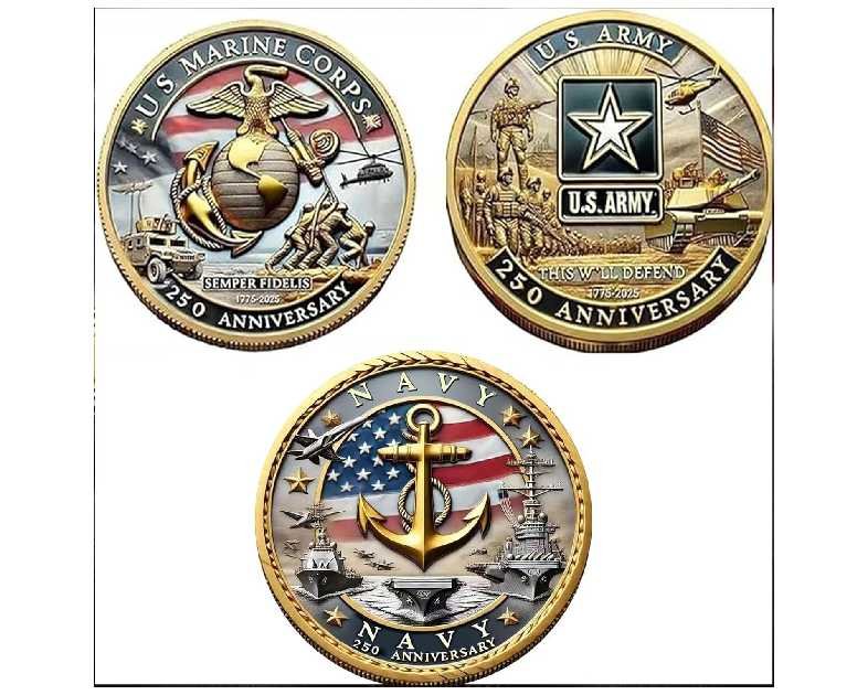 250th Anniversary Army Navy Marine Corps Challenge Coin Set – 3-Piece 1.57" Gold-Tone Double-Sided Commemorative Coins – Military Collector Gift for Veterans & Patriots