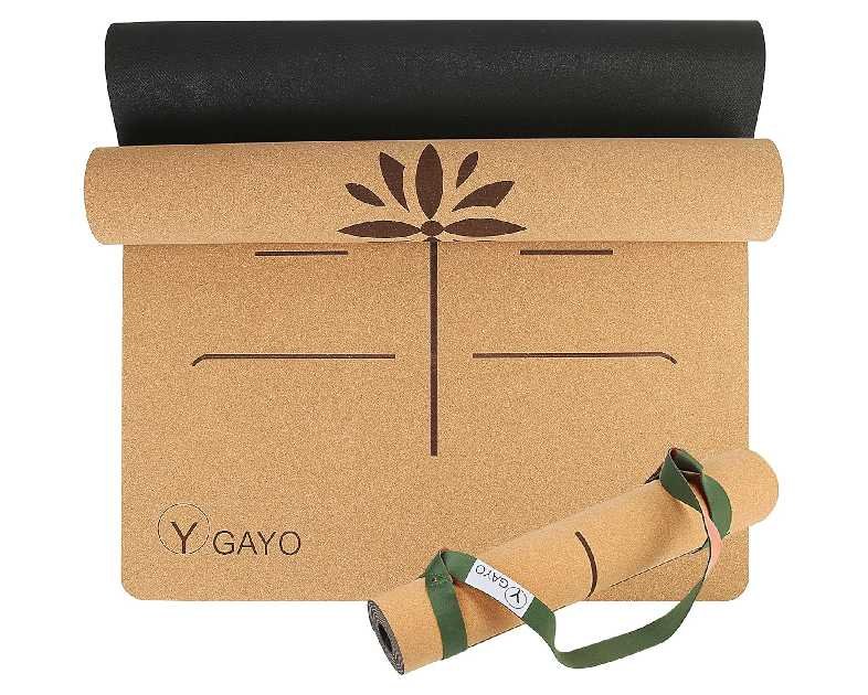 Y O Gayo Premium Yoga Cork Mat | 5mm Thick Natural Tree Rubber Base and Bigger Mat for Extra Support, Alignment lines for Guidance | Non-Slip, Natural & Eco-friendly, Your Ultimate Eco-Friendly Yoga Companion