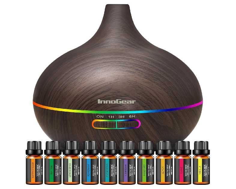 InnoGear Aromatherapy Diffuser & 10 Essential Oils Set, 400ml Diffuser Ultrasonic Diffuser Cool Mist Humidifier with 4 Timers 7 Colors Light Waterless Auto Off for Large Room Office, Dark Wood Grain