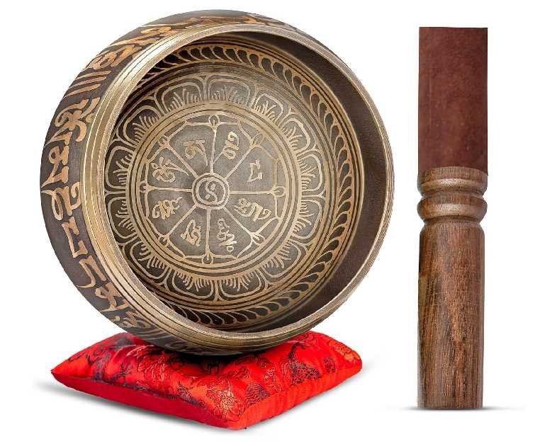 Tibetan Singing Bowl Set Authentic – Handmade in Nepal Sound & Meditation Bowl – Spiritual Decor for Yoga, Wellness Spaces & Relaxation by Himalayan Bazaar (Brown & Red)