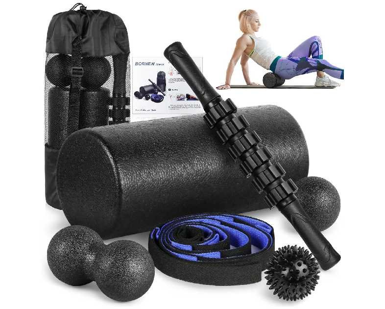 Foam Roller Set - High Density Back Roller, Muscle Roller Stick,2 Foot Fasciitis Ball, Stretching Strap, Massager Ball for Whole Body Physical Therapy & Exercise, Yoga, Back Pain, Leg, Deep Tissue