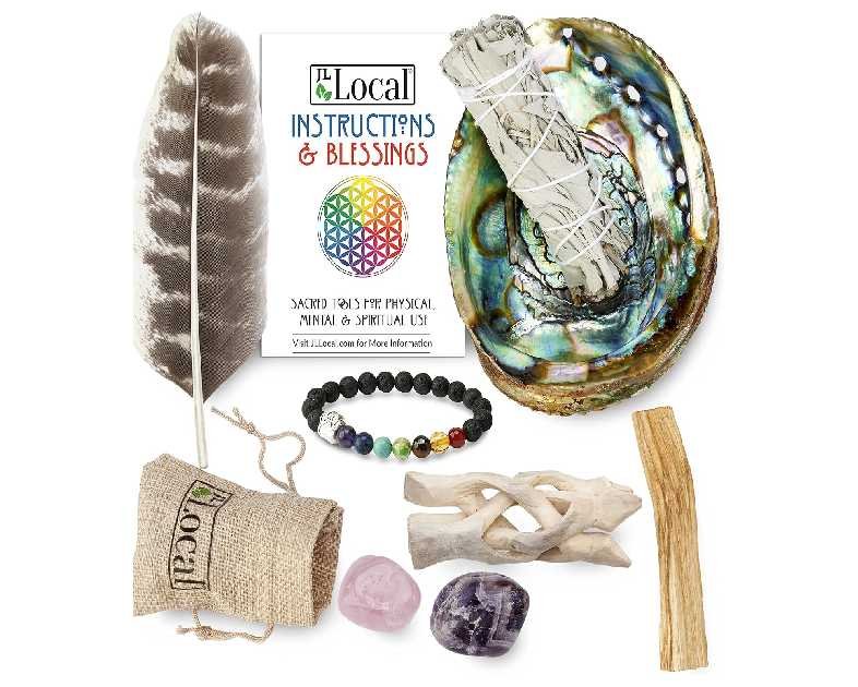 Aura Chakra Smudging Kit - White Sage Smudge Sticks, Palo Santo, Amethyst, Rose Quartz, Abalone Shell, Stand & Chakra Bracelet