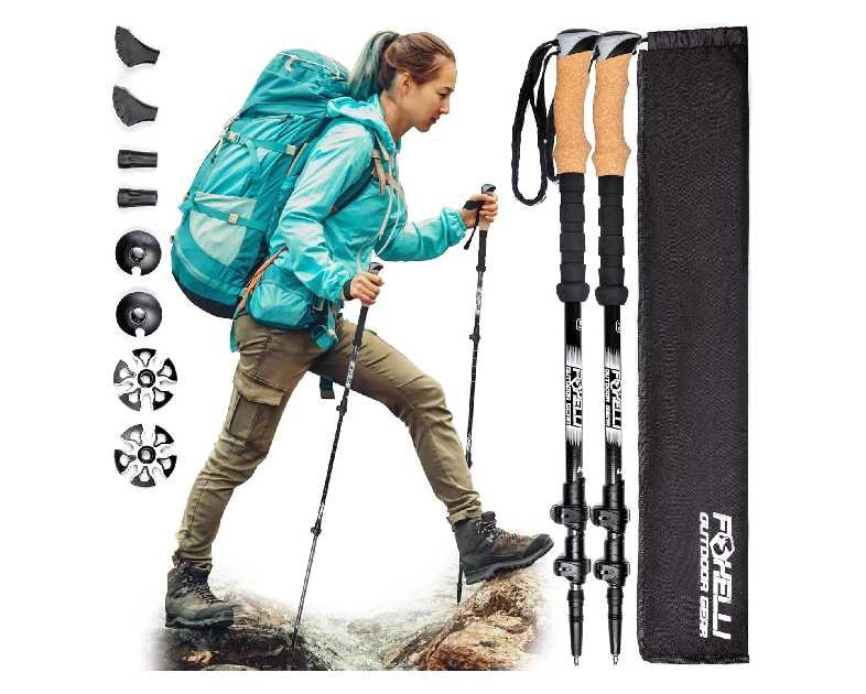 Foxelli Carbon Fiber Trekking Poles – Lightweight Collapsible Hiking Poles with Cork Grips, Lever Locks & All Terrain Accessories