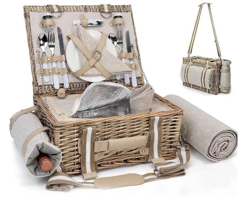 19Pcs Picnic Basket for 2 with Insulated Liner and Waterproof Picnic Blanket Wine Pouch, Large Wicker Picnic Hamper for Camping,Outdoor,Valentine Christmas for Couples
