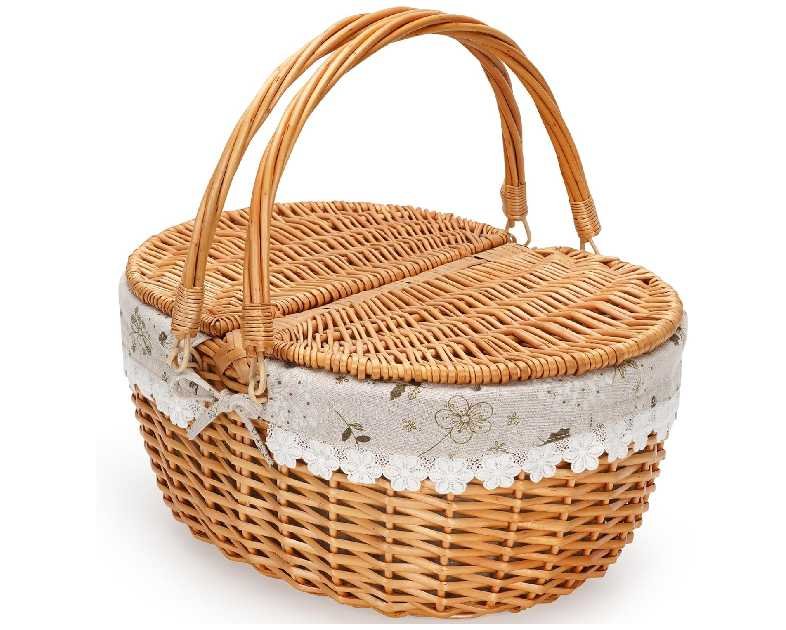 ZORMY 15" Wicker Picnic Baskets with Removable Liner, Empty Picnic Basket with Lid, Picnic Hamper with Folding Woven Handles for Picnic, Camping, Outdoor, Halloween, Thanks Giving - WhiteKapok